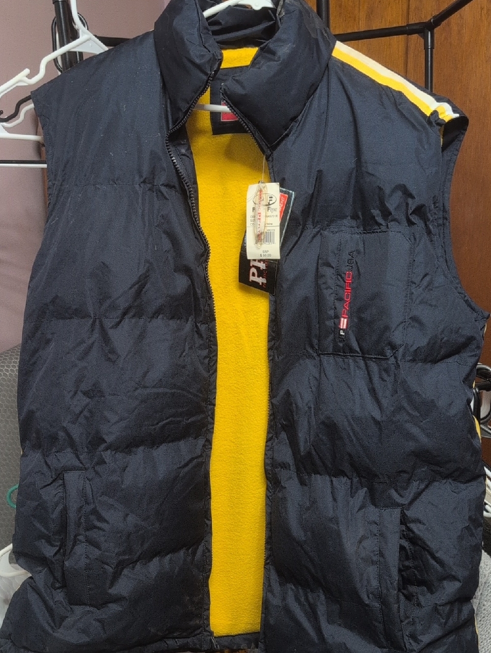 Pacifica Men’s Navy Puffer Vest with Yellow Fleece Lining